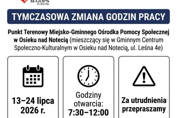 Tymczasowa zmiana godzin pracy Punktu Terenowego MGOPS w Osieku nad Notecią