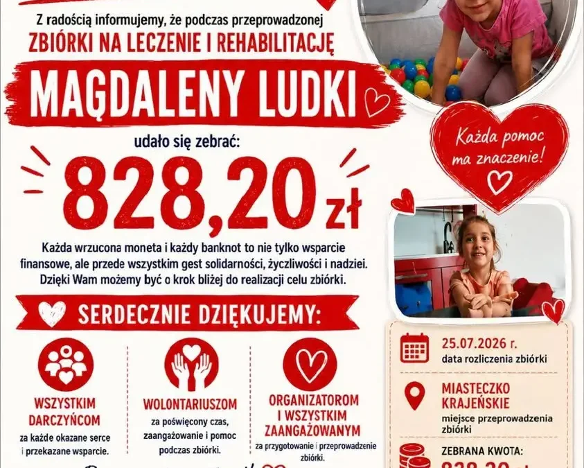 Podziękowania za wsparcie zbiórki dla Madzi w Miasteczku Krajeńskim