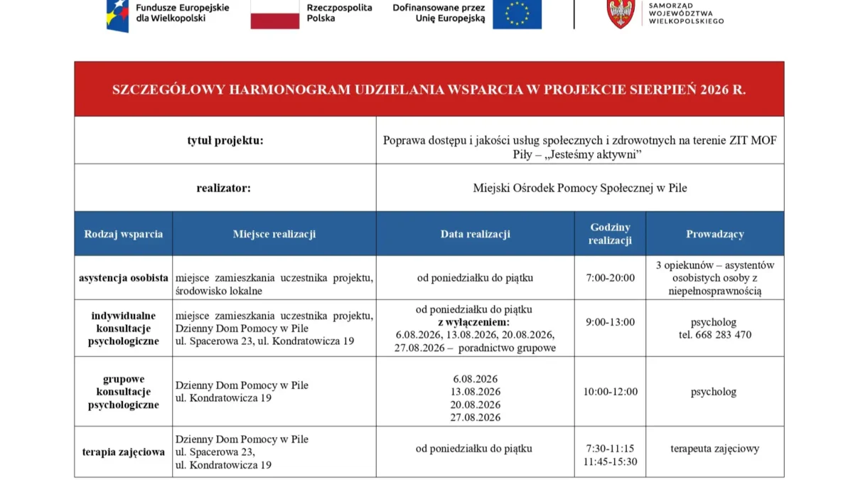 Harmonogram wsparcia w ramach projektu ZIT MOF Piły „Jesteśmy aktywni” – sierpień 2026