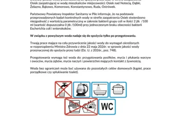 Uwaga mieszkańcy! Woda w kilku miejscowościach gminy Wyrzysk tylko po przegotowaniu