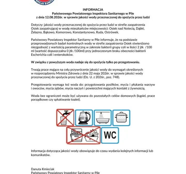 Uwaga mieszkańcy! Woda w kilku miejscowościach gminy Wyrzysk tylko po przegotowaniu