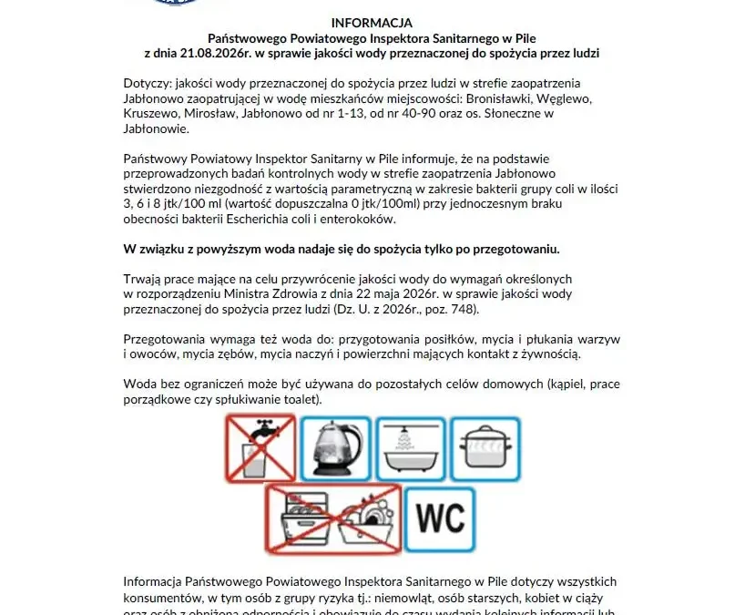 Woda w Jabłonowie i okolicach tylko po przegotowaniu – wykryto bakterie grupy coli