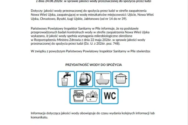 Woda w Nowej Wsi Ujskiej zdatna do spożycia – komunikat sanepidu