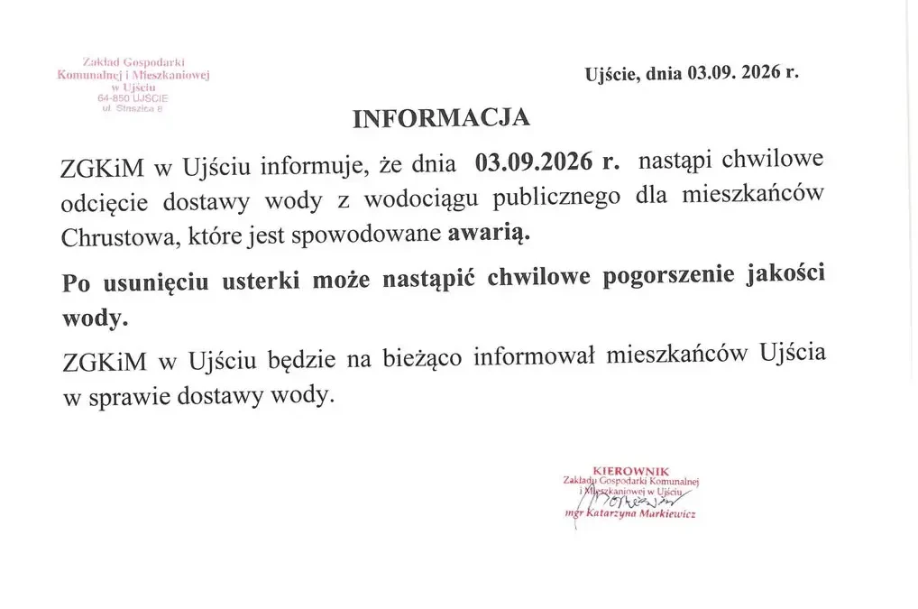 Awaria sieci wodociągowej w Chrustowie – przerwa w dostawie wody