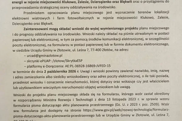 Spotkania otwarte w sprawie planu dla OZE w gminie Złotów