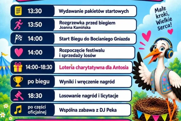Festiwal Bociana w Ługach Ujskich: bieg, loteria i pomoc dla Antosia