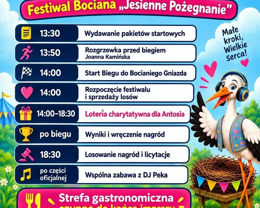 Festiwal Bociana w Ługach Ujskich: bieg, loteria i pomoc dla Antosia