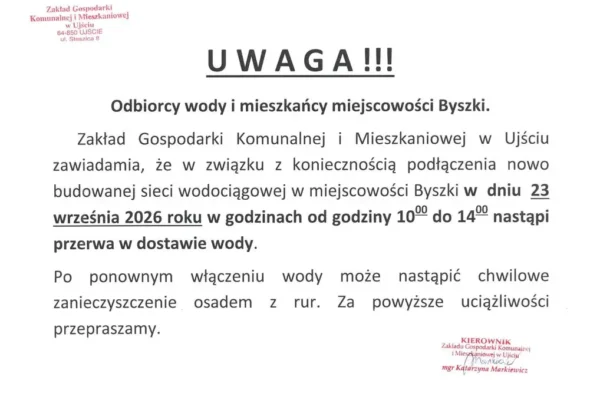 Byszki: przerwa w dostawie wody 23 września