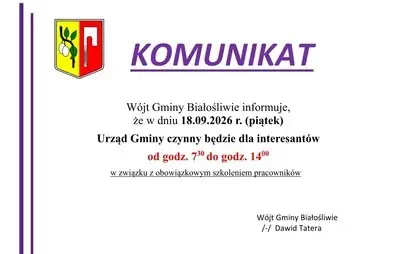 Urząd Gminy Białośliwie w piątek 18 września czynny krócej – tylko do 14:00