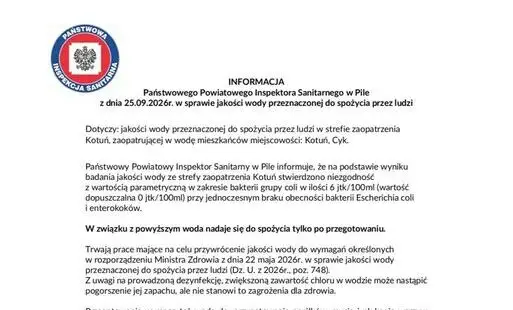 Uwaga mieszkańcy Kotunia i Cyku! Woda z kranu wymaga przegotowania