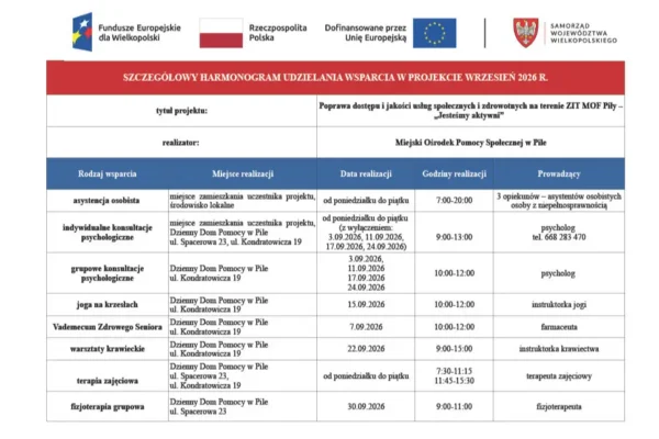 Harmonogram wsparcia w ramach projektu ZIT MOF Piły „Jesteśmy aktywni” – wrzesień 2026