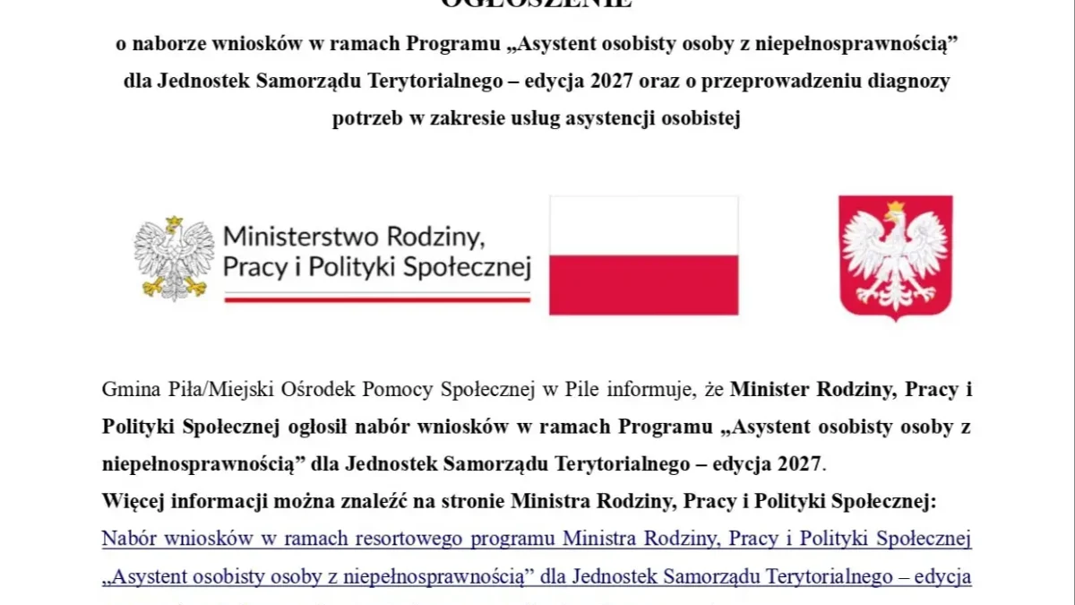 Gmina Piła pyta mieszkańców o potrzeby asystencji osobistej – nabór do programu 2027