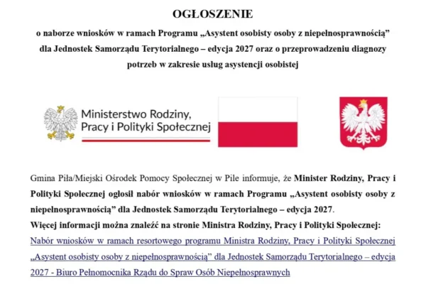 Gmina Piła pyta mieszkańców o potrzeby asystencji osobistej – nabór do programu 2027