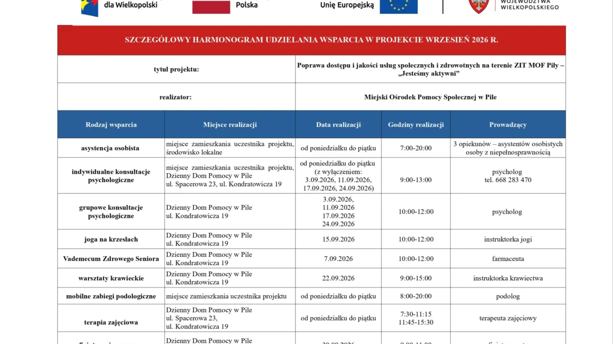 Harmonogram wsparcia dla seniorów i osób z niepełnosprawnością w Pile – wrzesień 2026