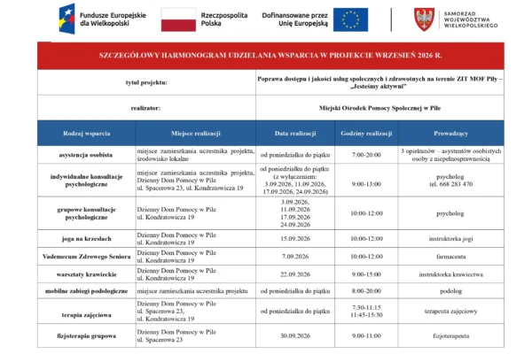 Harmonogram wsparcia dla seniorów i osób z niepełnosprawnością w Pile – wrzesień 2026