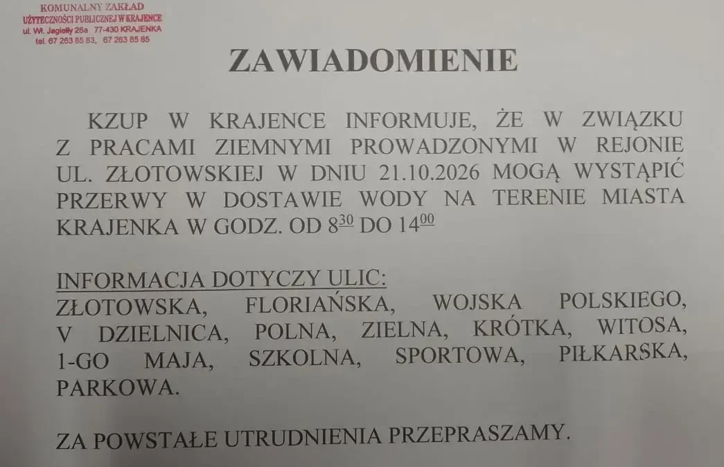 Przerwy w dostawie wody w Krajence 21 października