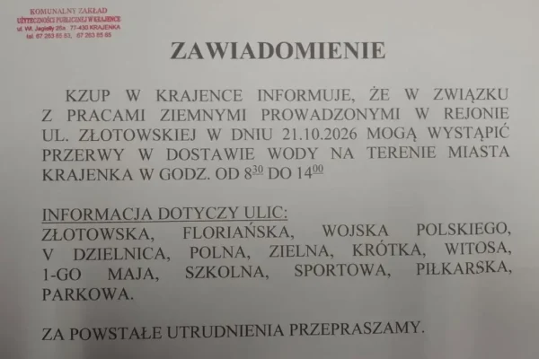 Przerwy w dostawie wody w Krajence 21 października