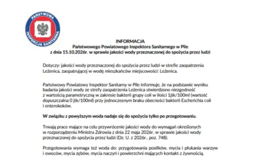 Leżenica: woda z wodociągu niezdatna do spożycia. Sanepid wydał komunikat