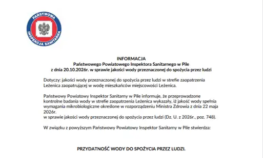Leżenica: woda z wodociągu ponownie zdatna do spożycia