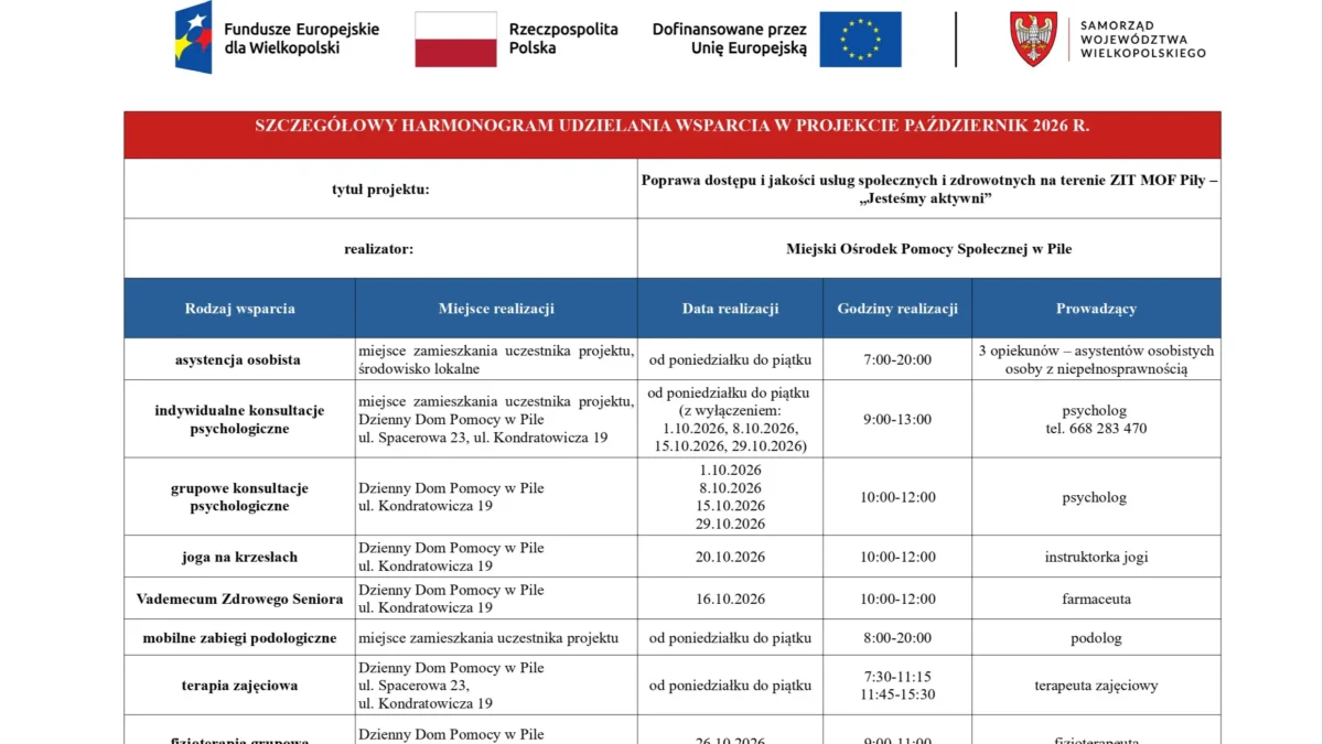 Harmonogram wsparcia dla seniorów i osób z niepełnosprawnościami w Pile – październik 2026