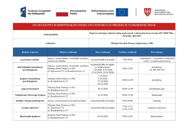 Harmonogram wsparcia dla seniorów i osób z niepełnosprawnościami w Pile – październik 2026